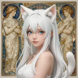 a very beautiful anime girl wtih cat ears and tail, white hair, half body, matte painting, by greg rutkowski and ilya kuvshinov and alphonse maria mucha and yuumei, super clear details, hyper realistic, trending on artstation, 8 k