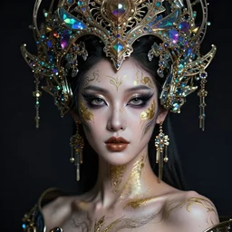 hyperrealistic detailed portrait of a beautiful goddess in an iridescent ornamental cyber headdress, intricate cyberpunk make - up, golden face tattoos, sensual, art by android jones, john william godward, nekro borja, gothic - cyberpunk, beautiful deep colours,