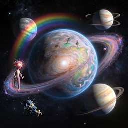 our galaxy, it has a solar system, a picture from the side and planets. on them reptiloid and humanoids create fractal projections of their visions and matter on the outer space and holography of planets and harmony of comusmos in a rainbow around the planet where there is intelligent life and reptiloid and humanoids and plasmoids