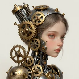 cyborg girl, clockwork, springs, pistons, gears, wind - up parts, steampunk,, detailed study, realism, 1 6 f, focus on the girl, cute face, innocent, intrude, elegant, highly detailed, digital painting, artstation, concept art, smooth, sharp focus, illustration, art by artgerm and greg rutkowski and alphonse mucha gabrielle rossetti