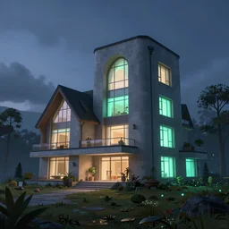 an modern luminescent mansion on a dusky biome by pixar, humongous view, rtx, smooth, cinematic
