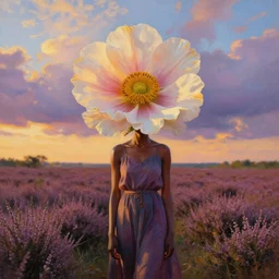 ca loseup, a large flower as the head, an african woman in a heather field, surreal photography, golden hour, colorful clouds, impressionist painting, digital painting, artstation, simon stalenhag