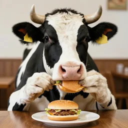 anthro cow eating an hamburger