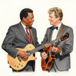 colored pencil drawing of B.B. King giving a guitar lesson to Doris Day by Laurie Lipton and Mort Kunstler