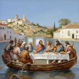 a mix between the last supper and the raft of the medusa, at a rustic portuguese quinta, with typical algarve landscape in the back, sunny morning, matte painting, oil canvas, photorealistic illustration, extreme detail, hyper realistic, highly detailed, digital art
