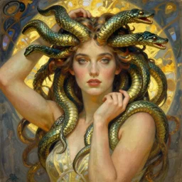medusa gorgon snakes for hair posing as a model for an Alphonse Mucha painting, illustration, Art Nouveau