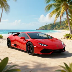 red Lamborghini huracan!, unreal engine 5!, hyperrealistic!, cinema 4D!, dynamic lighting! Beach! Tropical paradise!, cinematic landscape!, studio landscape! Amazing ultra quality!