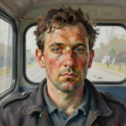 high quality high detail painting by lucian freud, hd, portrait of bus driver, photorealistic lighting