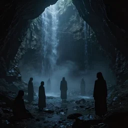 lost souls searching for nothing, concept art, darkness, big dark caverns with small waterfalls, dim lighting, soft, mysterious, blue haze