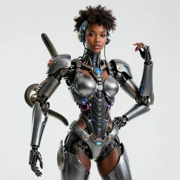 beautiful centered fine art photo portrait of beautiful black girl with solarpunk mecha humanoid parts with led lights, sexy serpentine pose gesture, photorealistic, white background, highly detailed and intricate, soft box lighting, shallow depth of field hdr 8 k