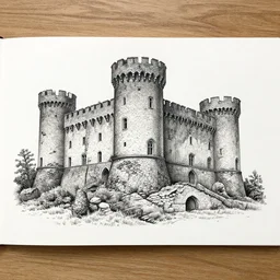 A pen drawing of a dilapidated ancient castle building in the wood, by Juan Francisco Casas, high detailed