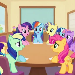 Ponies from My Little Pony discussing in a meeting room, hyperdetailed and toony, colorful, 8k
