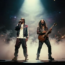 a dramatic photograph of snoop dog and bob marley in concert in an infinite universe of mystical light, ground haze, dramatic lighting, filmic, cinematographic, sci - fi