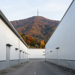 warehouses lining a street, with an autumn mountain directly behind, radio tower on mountain, lens compressed, photography