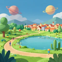 in a park and next to a lake, in a small town on an alien planet, with strange alien plants and flowers, from a space themed Serria point and click 2D graphic adventure game, made in 2019, high quality, pixel art