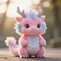 a cute pink and blue fluffy dragon, golden hour, bokeh, narrow depth, 8 0 mm f 1. 4