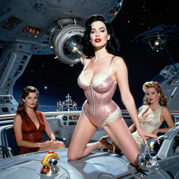 retrofuturistic pinup model dita von teese as a varga girl posing on a space ship, in the style of anna dittmann and and alberto vargas.