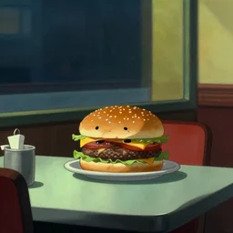 an anthropomorphic hamburger with sad eyes sitting alone at his desk in a restaurant at night, edward hopper