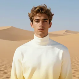 full figure beautiful young dark skin man, luminous scene, by greg rutkowski and alphonse mucha, d & d character, gradient white to gold, in front of a dune desert background, highly detailed portrait, digital painting, artstation, concept art, smooth, sharp focus illustration, artstation hq