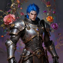 portrait of beautiful gothic young man, warhammer, cyber armor, a lot of scars, more and more flowers, blue head, the middle ages, highly detailed, artstation, illustration, art by jean delville, 8 k quality, otherworldly, andre le notre, psychedelic