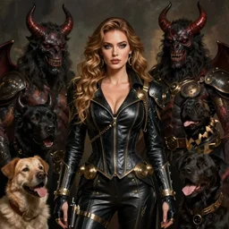 beautiful woman in a black tight fitting leather steampunk suit, surrounded by dogs from hell artwork by gerald brom, artgerm, artstation