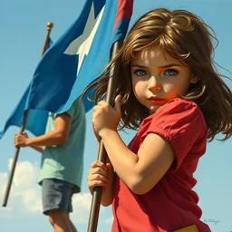 girl versus boy holding a blue flag, painted by sylvain sarrailh, rhads, ferdinand knab, trending on artstation