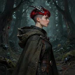 cinematic side portrait rugged angel girl, adventurer outfit large cloak, fantasy forest landscape, dragon scales in hair, fantasy magic, undercut hairstyle, short red black fade hair, dark light night, intricate, elegant, sharp focus, illustration, highly detailed, digital painting, concept art, matte, art by WLOP and Artgerm and Greg Rutkowski and Alphonse Mucha, masterpiece