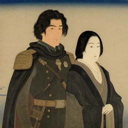 portrait of duke leto and lady jessica atreides, dune, husband and wife, only 2 people, scifi, detailed, solemn, awe - striking, militaristic, space opera, in the style of yamato - e, traditional japanese painting, tosa school, tosa mitsuoki, tosa mitsunobu, iwasa matabei