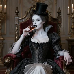 queen of vampires drinking a cup of wine in her throne room, victorian dress, corset, small top hat, pale skin, black lipstick, black eyes, bob haircut, dnd, high fantasy, highly detailed, detailed face, grayscale, black and white manga illustration, by artgerm, greg rutkowski, alphonse mucha