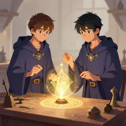 two brother mages in robes, they are in a workshop in front of a desk working on a new spell that is casting out flowing energy. colorful, flowing energy, light rays, medium shot, waist up, sharp, concept art, highly detailed, bloom, dramatic lighting, cinematic, by dreamworks