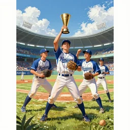 poster of young baseball players winning in koshien stadium, blue sky and white clouds, the feeling of summer, intricate, highly detailed, digital painting, artstation, concept art, sharp focus, illustration, art by lois van baarle, ilya kuvshinov, greg rutkowski and alphonse mucha, 8 k