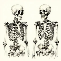 black ink sketch with erratic strokes of two partial skeletons next to each other by james ensor