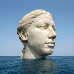 a giant sculpture on the surface of the ocean of a human head, hyper - realistic, very detailed, realistic water, ray tracing, 8 k resolution, long - shot, sharp focus, low angle, 8 5 mm photograph, wide lens