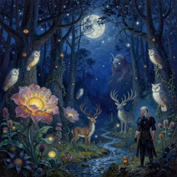 painterly dreamy Kupala Night in the blue night forest with trees which have eyes, giant flowers, glowing owls, deers, lianas, thistles, giant fantasy creatures, a stream and sky with moon and stars by Alphonse Mucha, Alex Grey, tranding on artstation and Giger dark fantasy, witcher, very detailed oil painting in the alla prima style, volumetric lighting, masterpiece, 8k