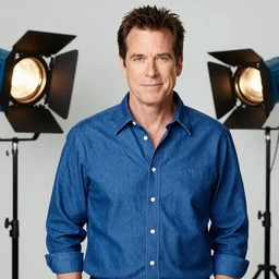full length portrait of Bruce Campbell in blue poecho belted shirt, fashion studio lighting, 35mm, close-up