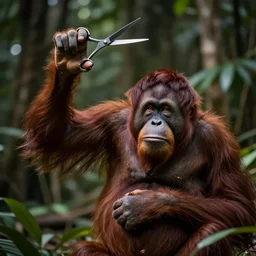Charles, the urangutan barber, holds his scissors aloft