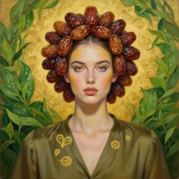 epic painting, full figure portrait of beautiful supermodel wearing olive blouse with with sweet dried dates fruits fractals, medjool dates, dried dates around head,, green tea leaves background, golden glow background, drawing, photography by amy leibowitz, wlop, jeremy lipkin, beeple, intricate golden fractals, brown hair, symmetrical front portrait, artgerm