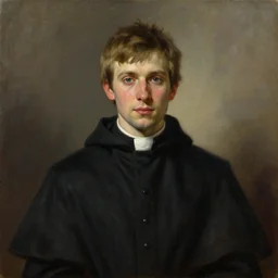 a painting of young man priest, a character oil on canvas portrait by gerald brom and greg rutkowski, masterpiece, fantasy art, artstation hq