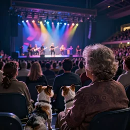 view from behind an old lady sat with her two terrier dogs, watching a pop concert at night in a crowded venue, digital art, concept art, trending on artstation, cinematic lighting, giger, beksinski, barlowe
