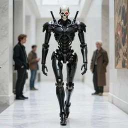 skeletal black mecha walking down white marble hallway, Skeletal face android face one eye. mecha (carbon fiber) long limbs black panels reflective. Skeletal face android face one eye ((glowing_red_eye)) RTX On UE5 Artstation Bladerunner_2049_scene!!!!!! Cyberpunk 2077 bladerunner2049!!! bladerunner!!! Tom Bagshaw and Greg Rutkowski and Alphonse Mucha