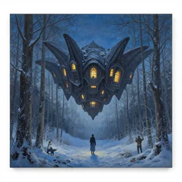 tyranid hive in snowy forest at twilight. illuminated windows. intricate painting by ross tran, magali villeneuve, and jeremy mann.
