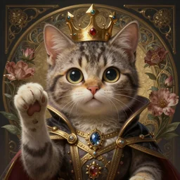 A heraldic queen kitty cat with big cute eyes and a raised paw, flowers around, D&D, fantasy, intricate, cinematic lighting, highly detailed, digital painting, artstation, concept art, smooth, sharp focus, illustration, art by Akihiko Yoshida, Greg Rutkowski and Alphonse Mucha