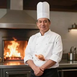 portrait of a proud chef cook, posing in front of exploding oven on fire, high quality picture