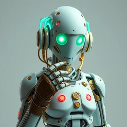 an intricate android with bright neon hydraulics, body made from porcelain and brass, leather gloves, pastel colors, 1 9 5 0 sci - fi, studio lighting, full body, calm, art nouveau, ambient occlusion, octane render, ultra detailed, artgerm, greg rutkowski, tom bagshaw
