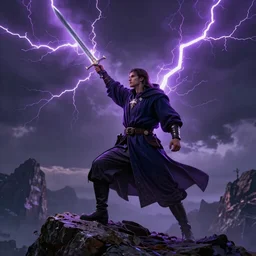 hyper realistic wizard holding a sword that’s pointed towards the sky, getting shocked by purple lightning, standing on a mountaintop, octane, trending on artstation, hyper realistic, highly detailed, unreal engine, amazing depth of field, 8k