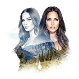 double exposure effect tattoo sketch of megan fox and beautiful mountain scenery, hyper realistic, in the style of brandon kidwell
