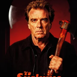 a movie poster for the film the shining designed by reynold brown featuring a prominent portrait of jack nicholson and a stylised fireaxe in the style of wes anderson.