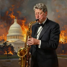 Bill Clinton plays his saxophone while Washington D.C. burns, highly detailed, oil on canvas, 1883