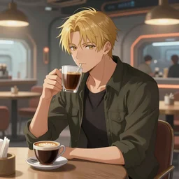a Warrior anime style having a coffee in a futuristic cafe, Greg rutkowski, Trending artstation