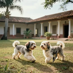havanese dogs playing in a cuba hacienda, 1 9 0 0, genndy tartakovsky, atey ghailan, goro fujita, studio ghibli, rim light, morning lighting, clear focus, very coherent